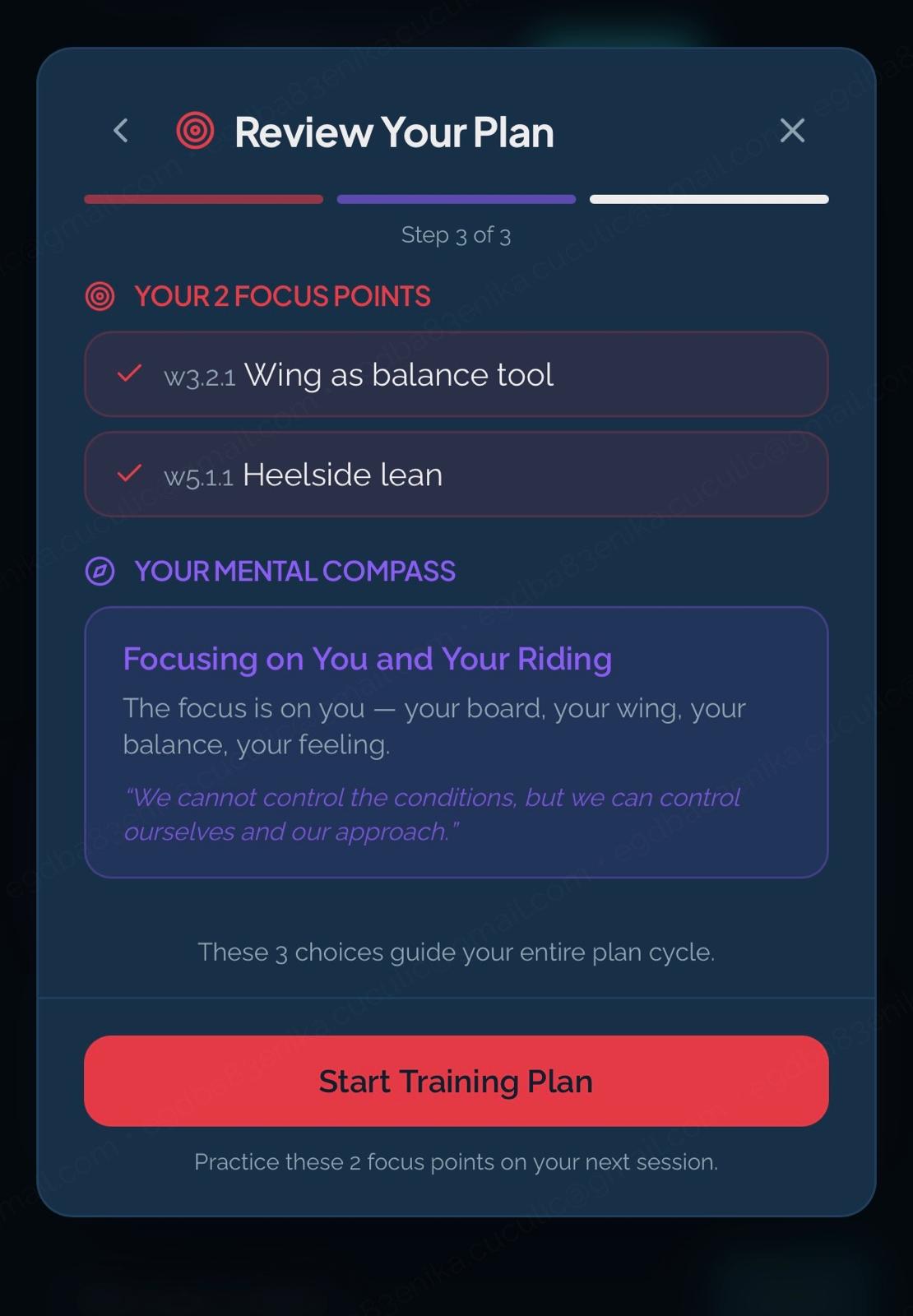 WindCoach Focus Point picker — pick 2 technical focus points and 1 mental pillar