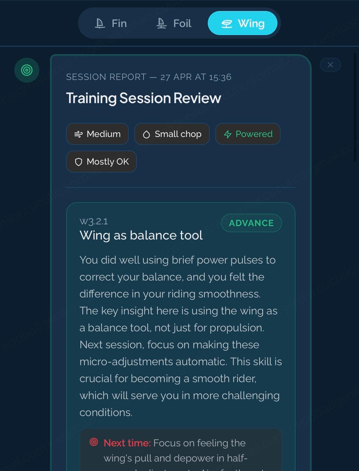 WindCoach session report — Advance verdict, 5-dot mastery, Next Session Goal, tomorrow's drill