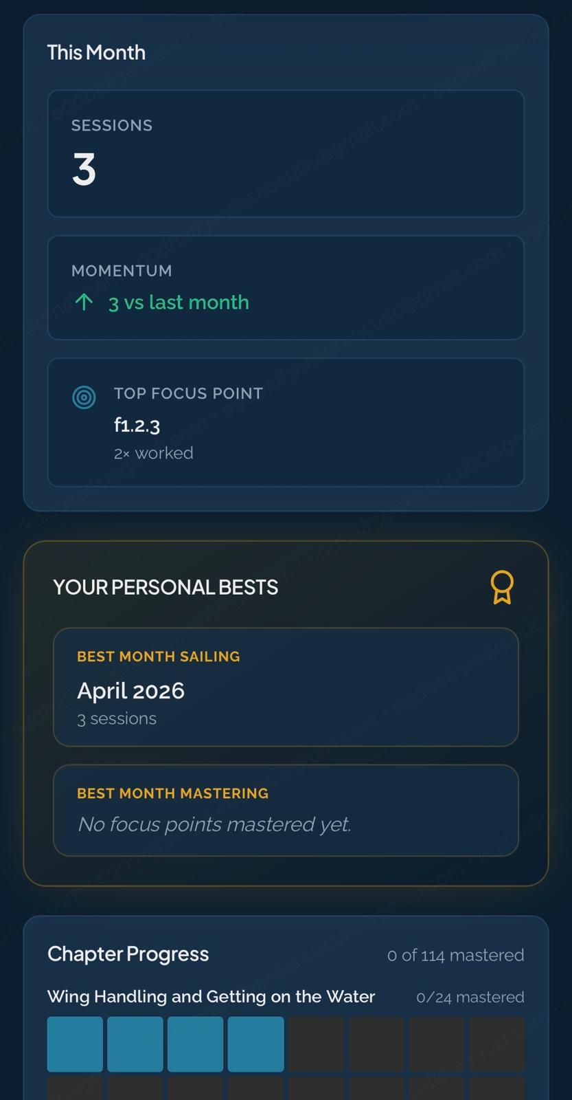 WindCoach Your Progress dashboard — gold streak number, chapter map, personal bests
